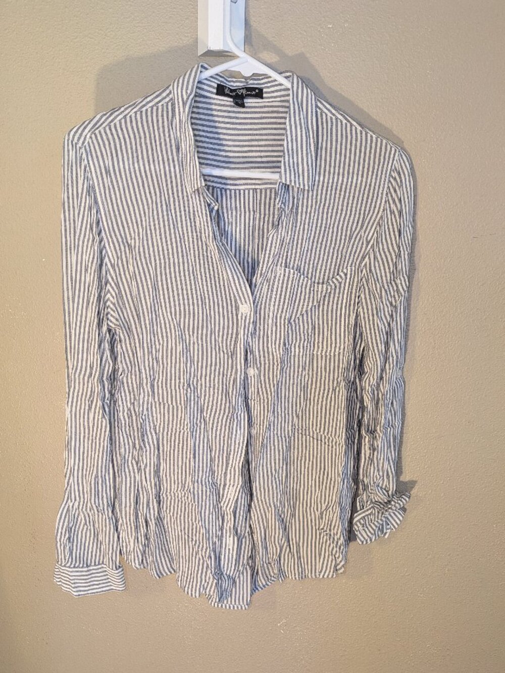 Blue and white striped button-up shirt
